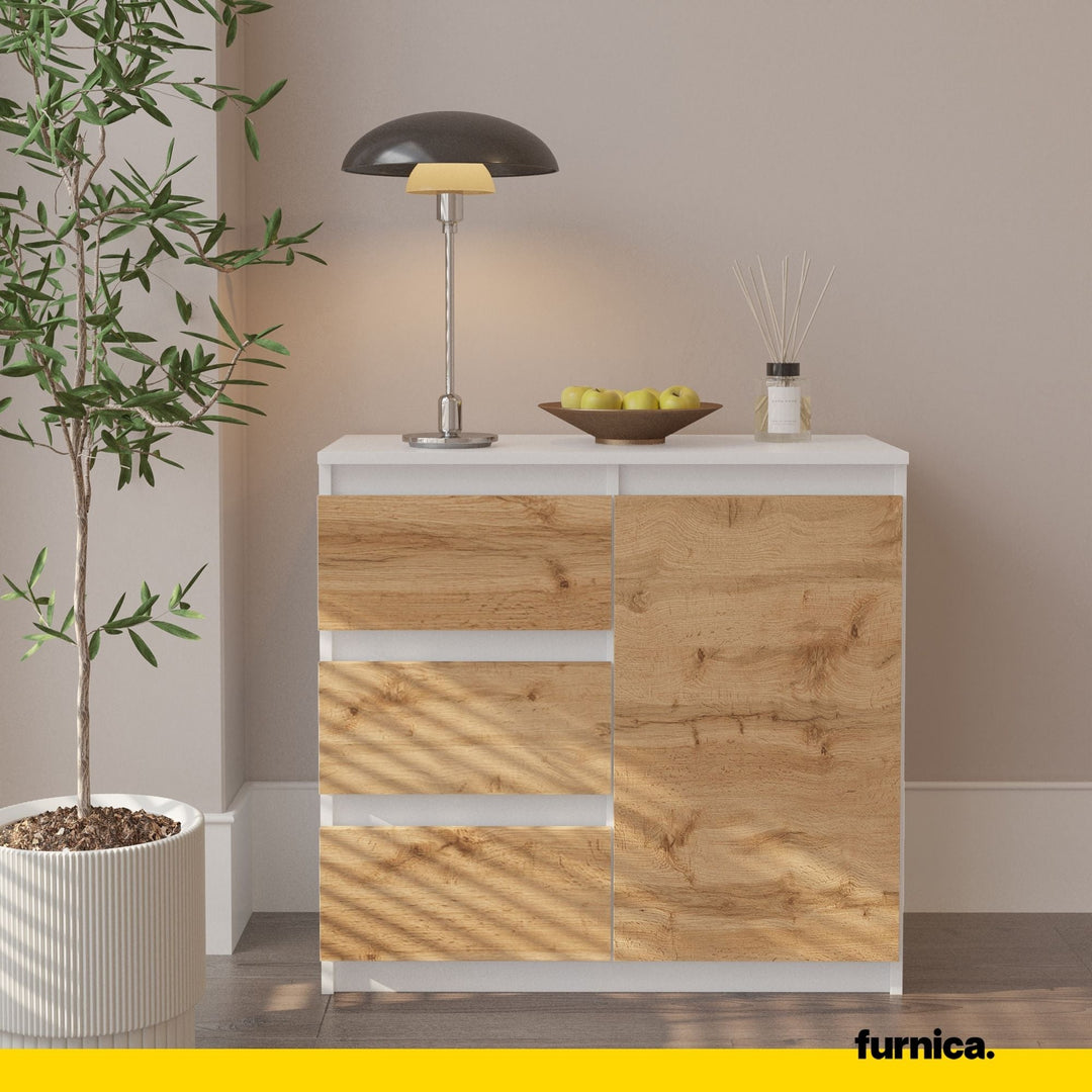 MIKEL - Kommode med 3 skuffer - mat hvid / naturfarvet H75cm B80cm D35cm