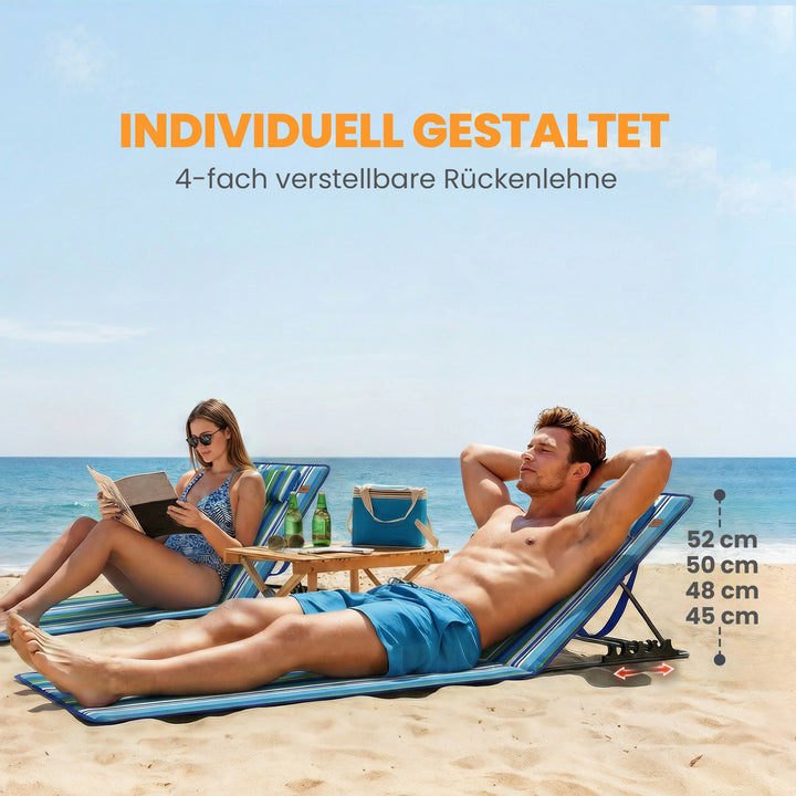 Sæt med 2 strandmåtter med justerbar ryglæn, foldbar, letvægts strandstol med nakkestøtte og opbevaringstaske