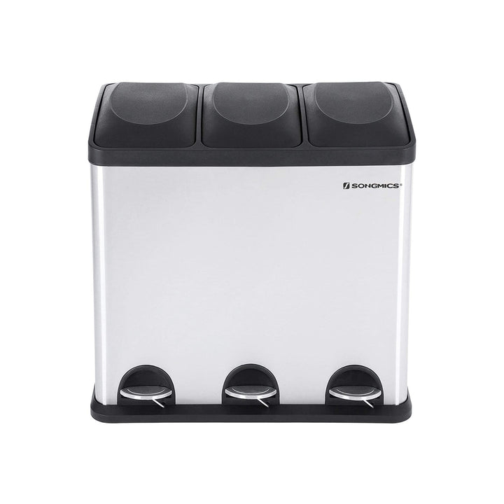 54L affaldsspand, skraldespand, stålspand med pedal og 3 sektioner, indvendige spande, 6 sorteringsmærker, til nem affaldssortering, sølv og sort