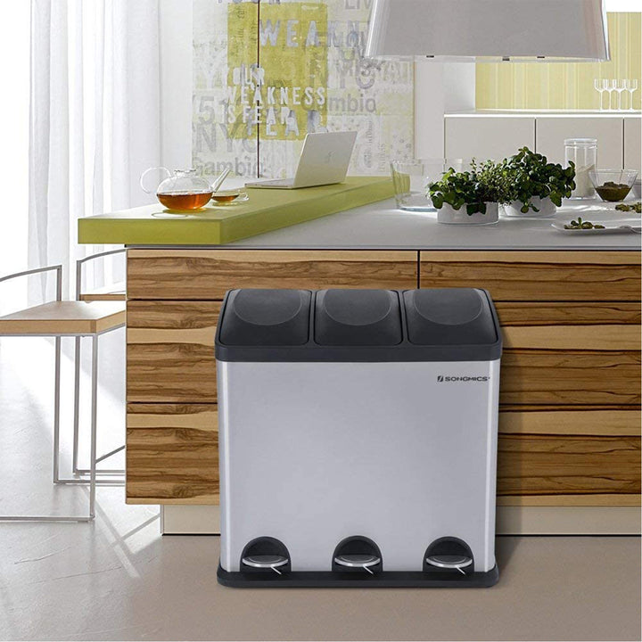 54L affaldsspand, skraldespand, stålspand med pedal og 3 sektioner, indvendige spande, 6 sorteringsmærker, til nem affaldssortering, sølv og sort