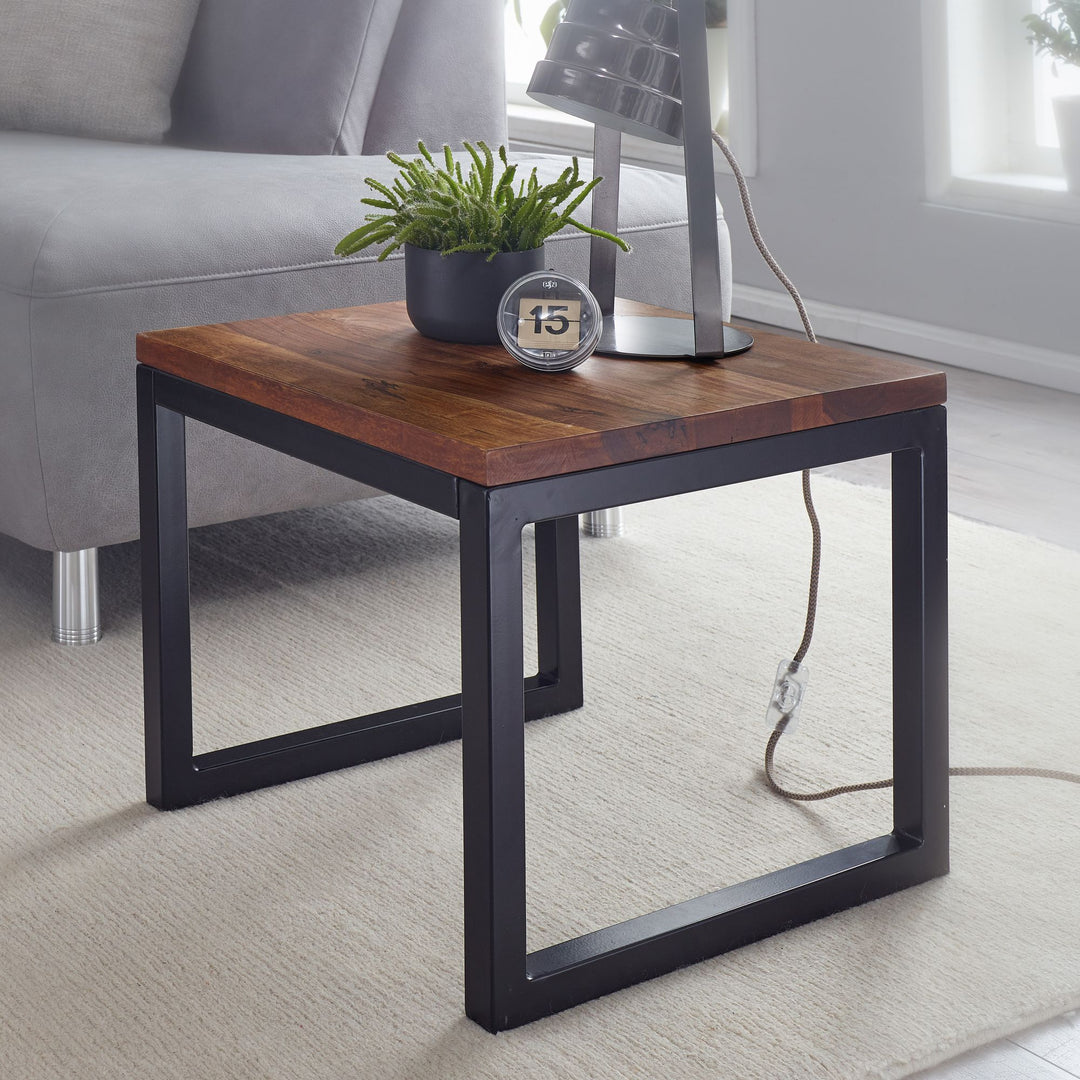 Sidebord 45x40x45 cm Sheesham massivt træ/metal stuebord, industrielt designer træbord, stuebord, lille sofabord i massivt træ