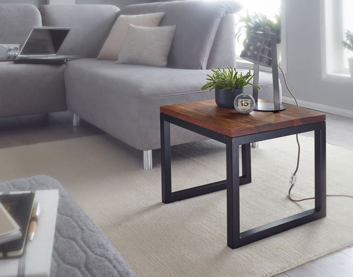 Sidebord 45x40x45 cm Sheesham massivt træ/metal stuebord, industrielt designer træbord, stuebord, lille sofabord i massivt træ