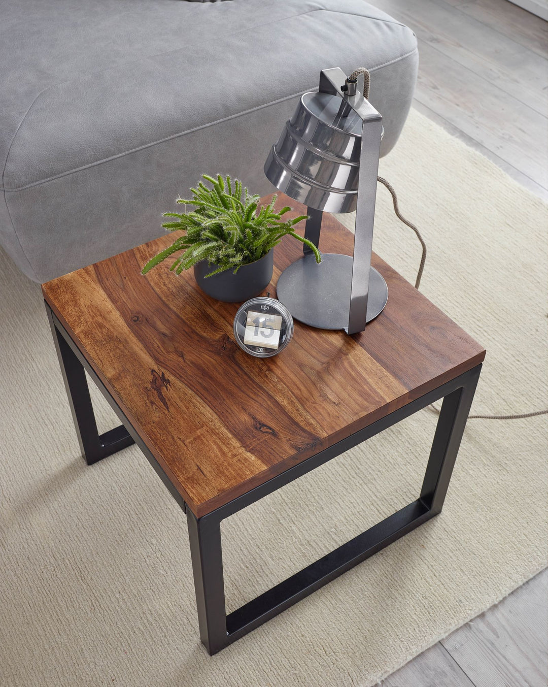 Sidebord 45x40x45 cm Sheesham massivt træ/metal stuebord, industrielt designer træbord, stuebord, lille sofabord i massivt træ