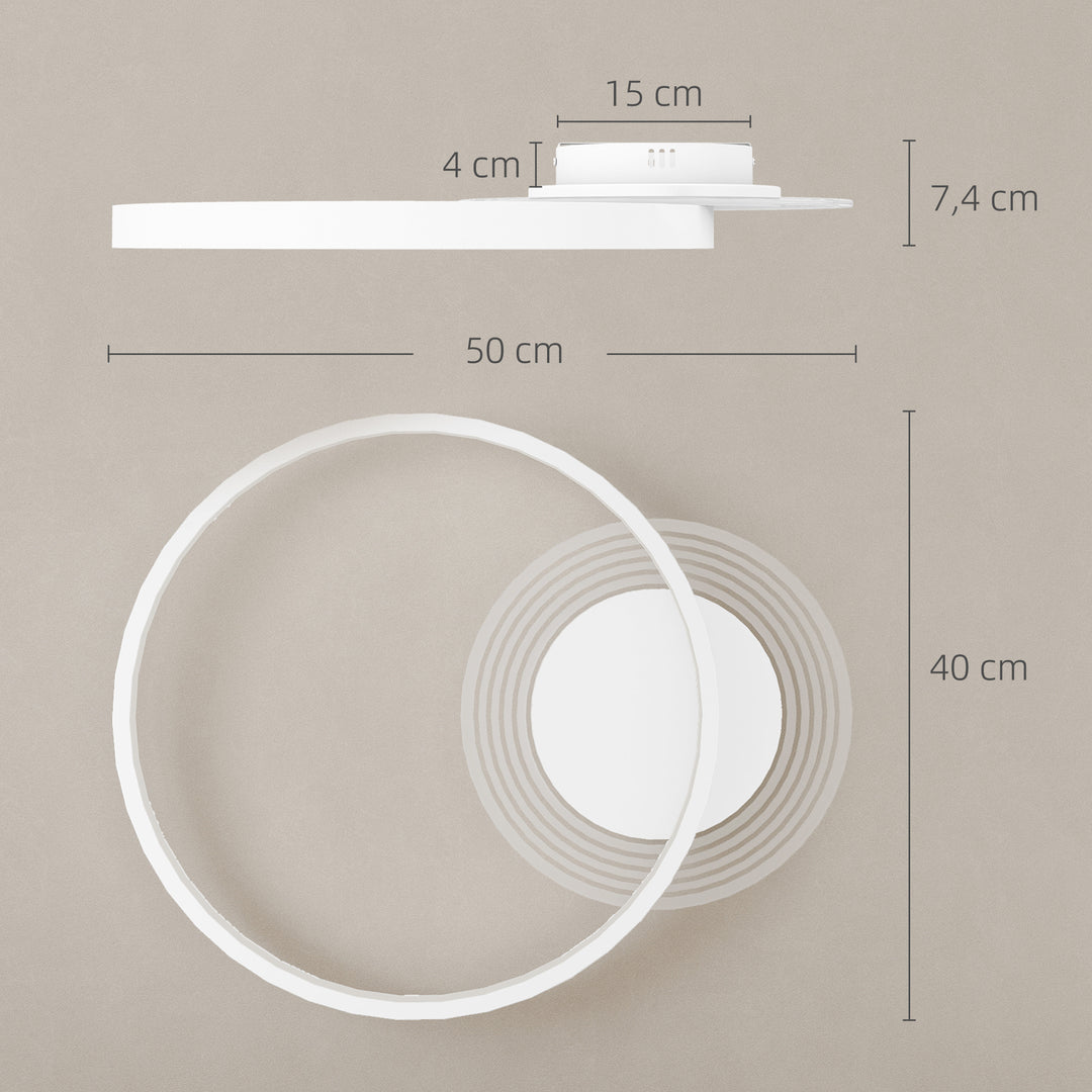 Loftlampe, loftslampe med design med to ringe, rund 50 x 40 x 7,4 cm, hvid