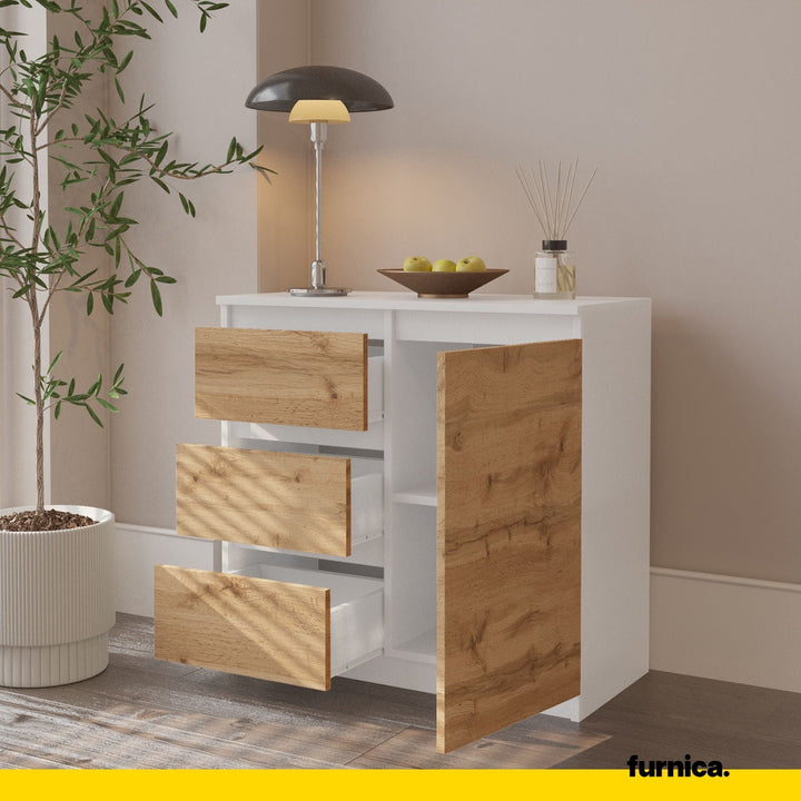 MIKEL - Kommode med 3 skuffer - mat hvid / naturfarvet H75cm B80cm D35cm