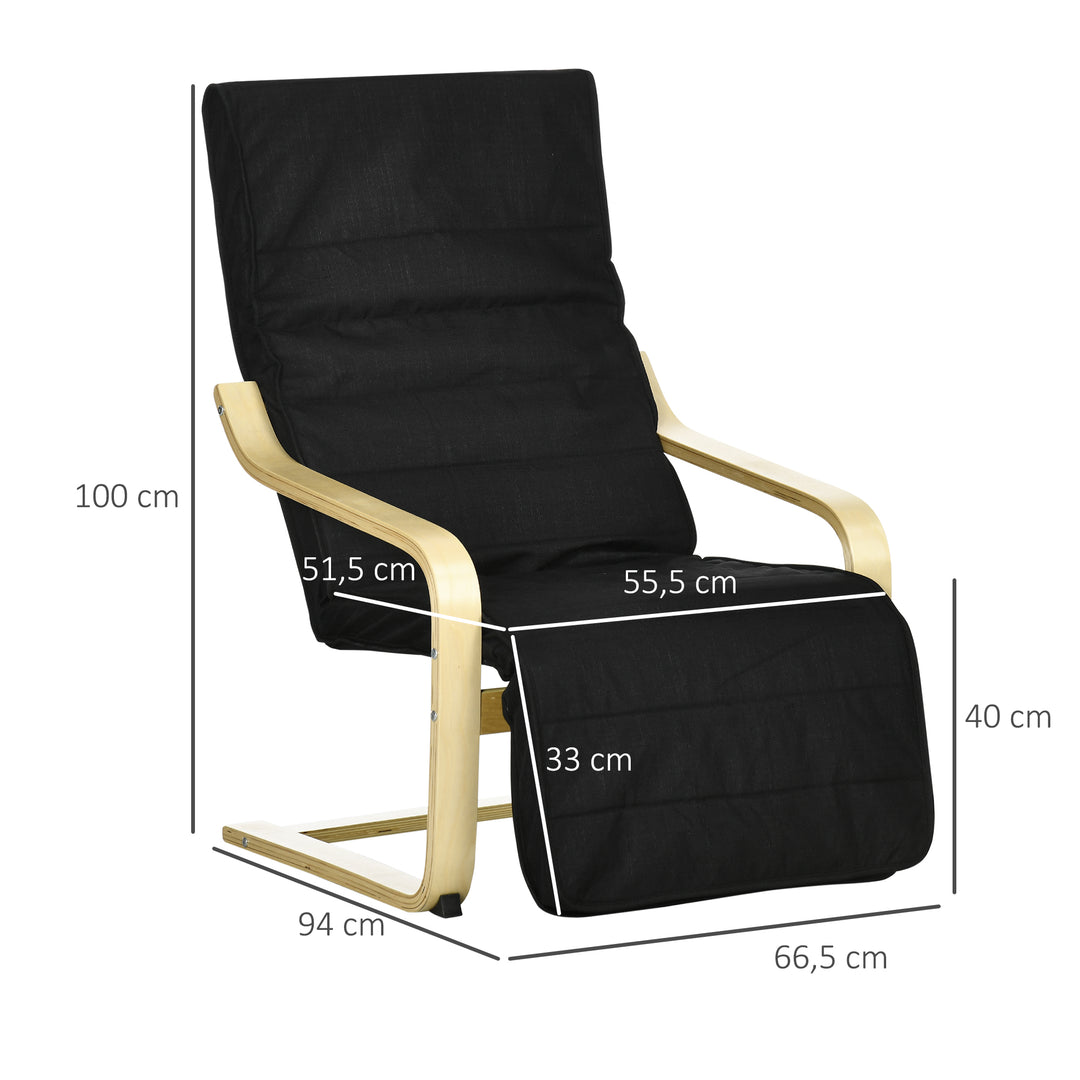 Lænestol med justerbar fodstøtte, hynde, træ+sort, 66,5 x 94 x 100 cm