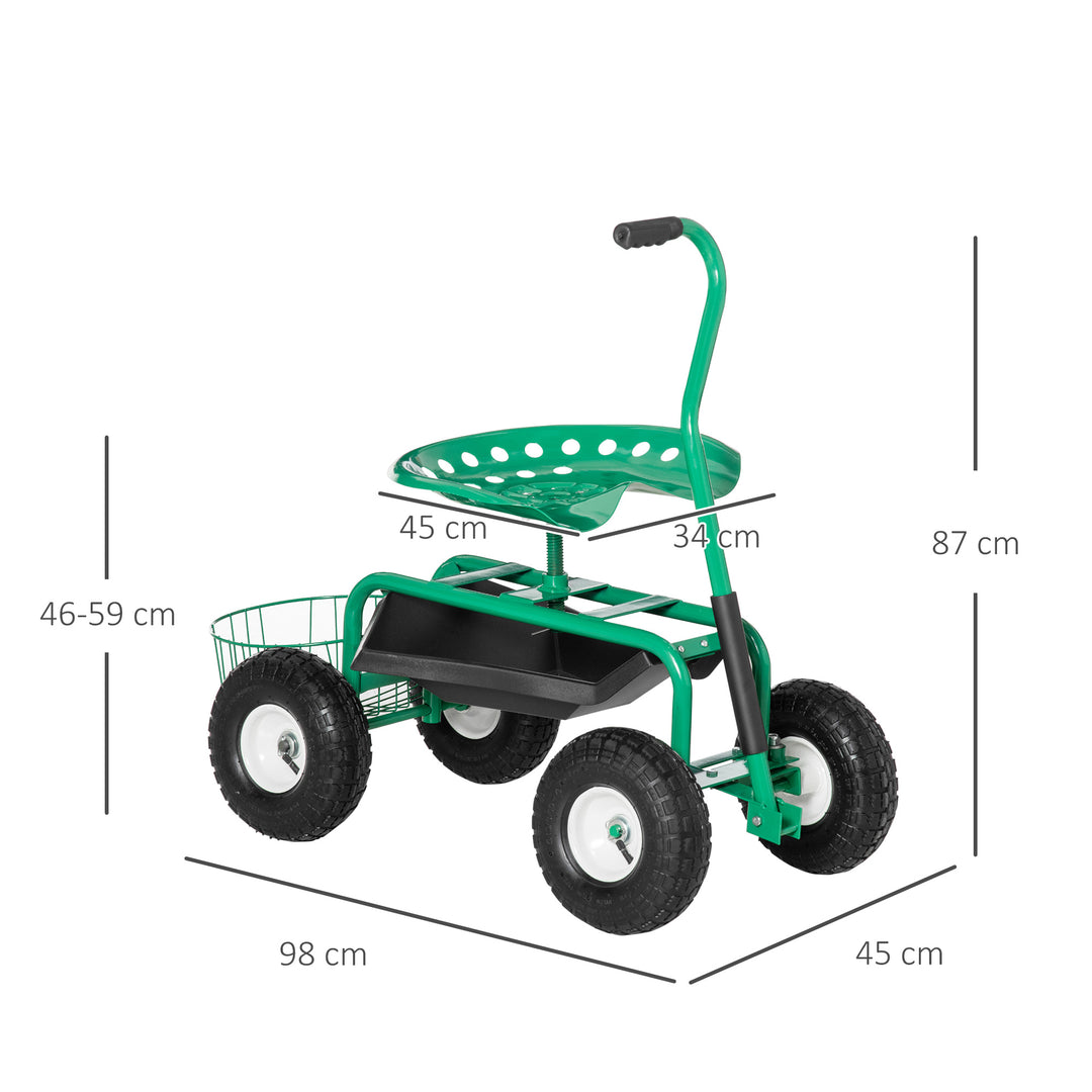 Havevogn med rullesæde (op til 150 kg) med opbevaringskurv til små haveredskaber, mobil værkstedsvogn, styrbart havesæde, sædehøjdejusterbar fra 46-59 cm, metal, gummi, grøn