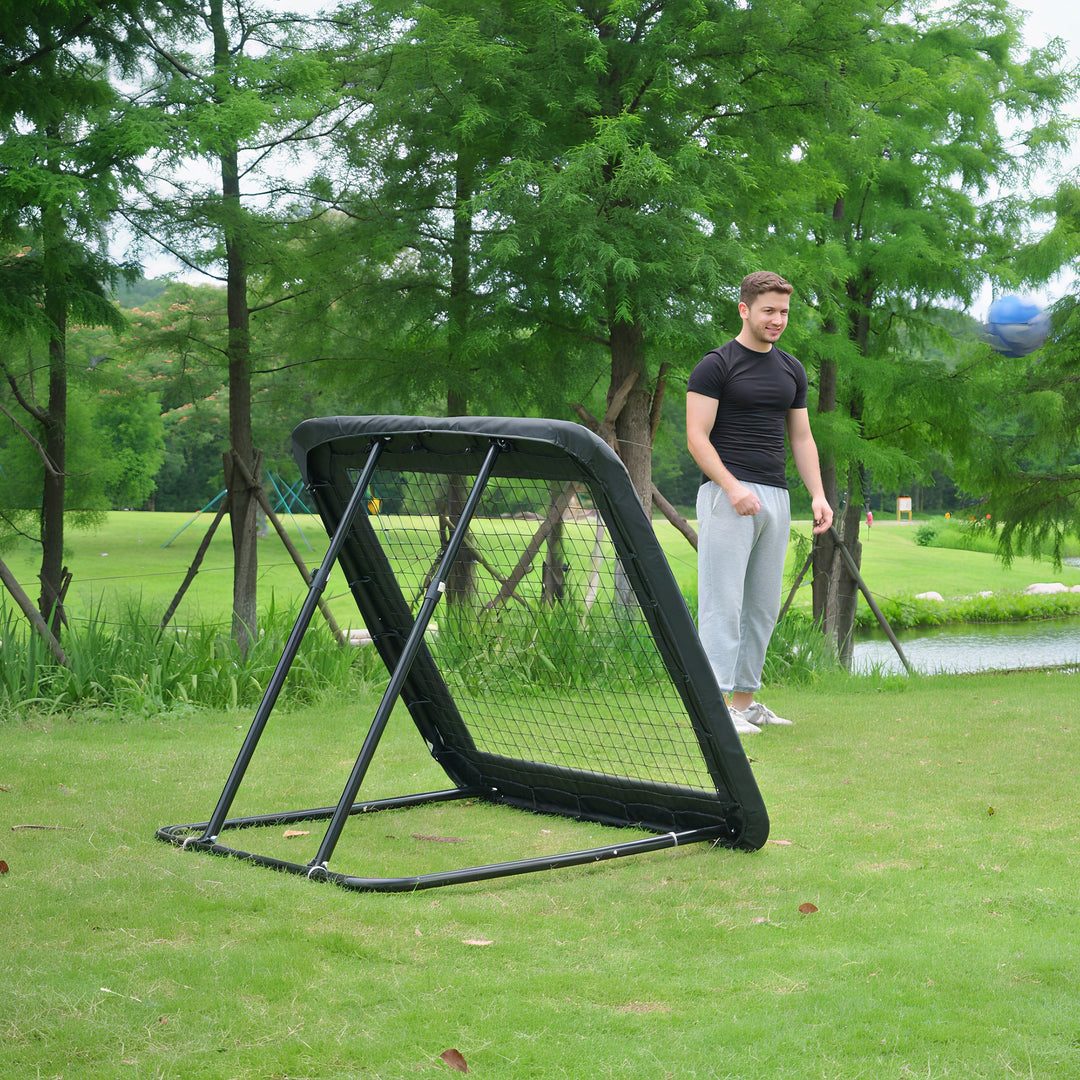 Rebounder til fodbold, 128 x 118 cm reboundvæg med beskyttende kantpinde, justerbar i 5 niveauer, bærbar rebound, fodboldmål til unge, reboundvæg til fodboldtræning, sort