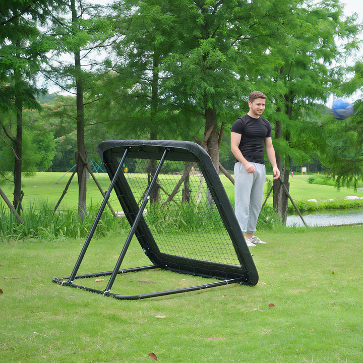 Rebounder til fodbold, 128 x 118 cm reboundvæg med beskyttende kantpinde, justerbar i 5 niveauer, bærbar rebound, fodboldmål til unge, reboundvæg til fodboldtræning, sort