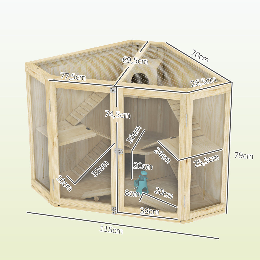 Hamsterbur, 4-etagers design, med foderstation, vippe, rampe, hytter, 115 x 69,5 x 79 cm, træ