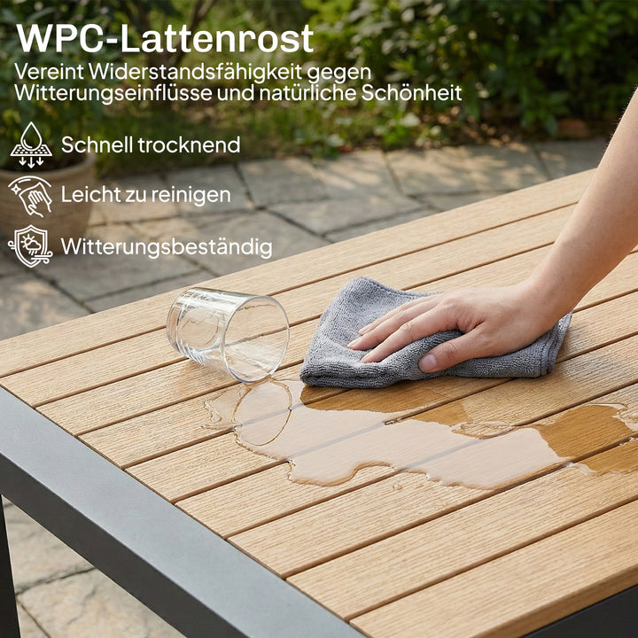 Havemøbelsæt, ekstra dybe sæder, med 2-personers sofa, 2 lænestole, WPC lamelbord, aluminiumsstel, beige