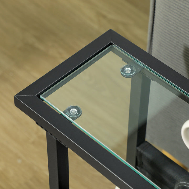 Metal sidebord med stofpose og glasplade, smalt bord til stue, soveværelse, sort