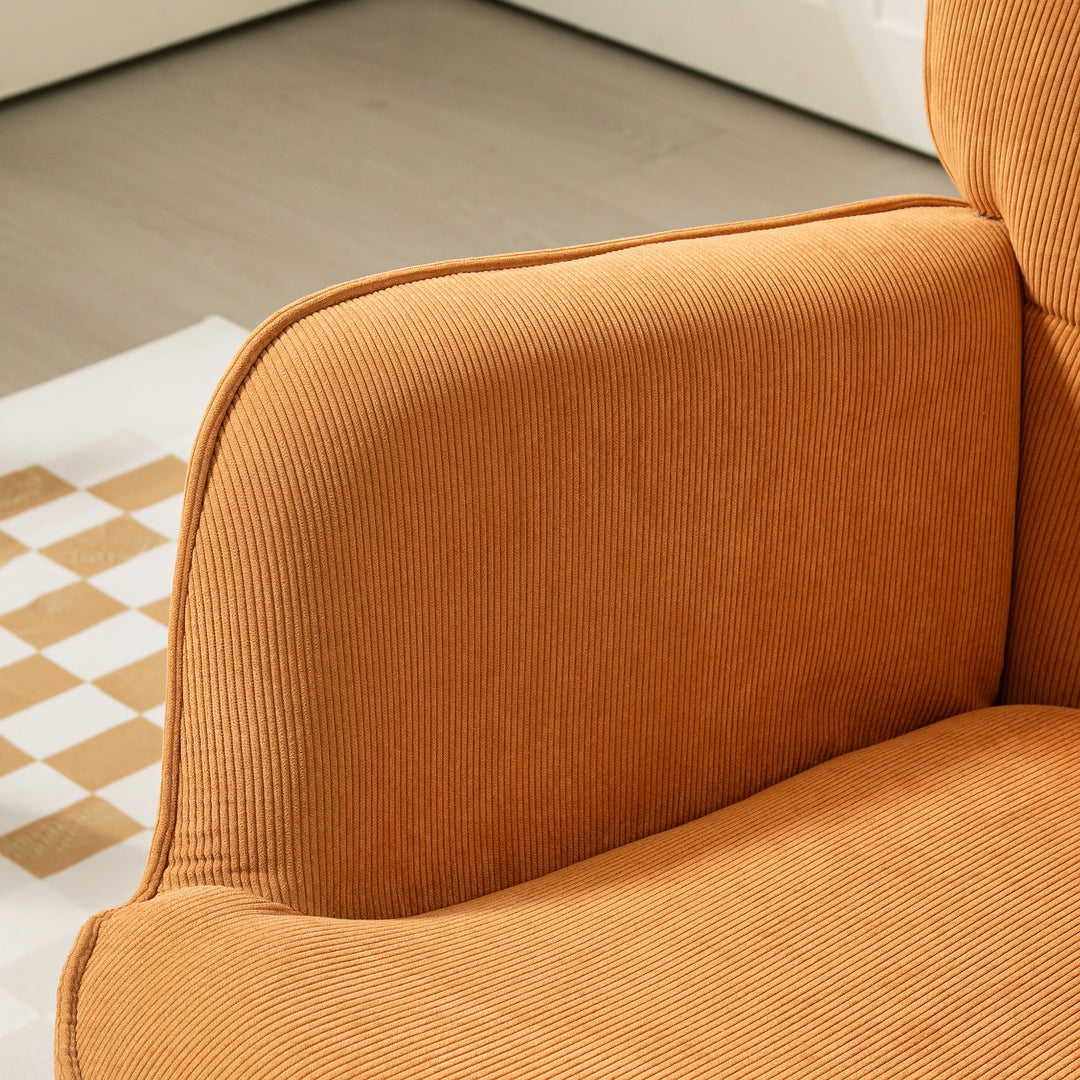 Accentstol med skammel, corduroy-lænestol, lænestol med træben, til stue, brun