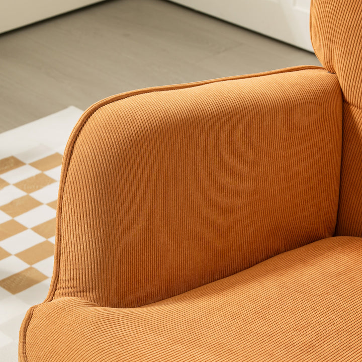 Accentstol med skammel, corduroy-lænestol, lænestol med træben, til stue, brun