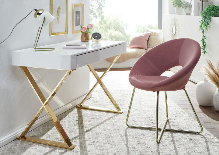 Skrivebord 118x76x57 cm, træ, højglans hvid, metalben, guld, designer computerbord, pc-bord, kontorbord, moderne, konsolbord med skuffer