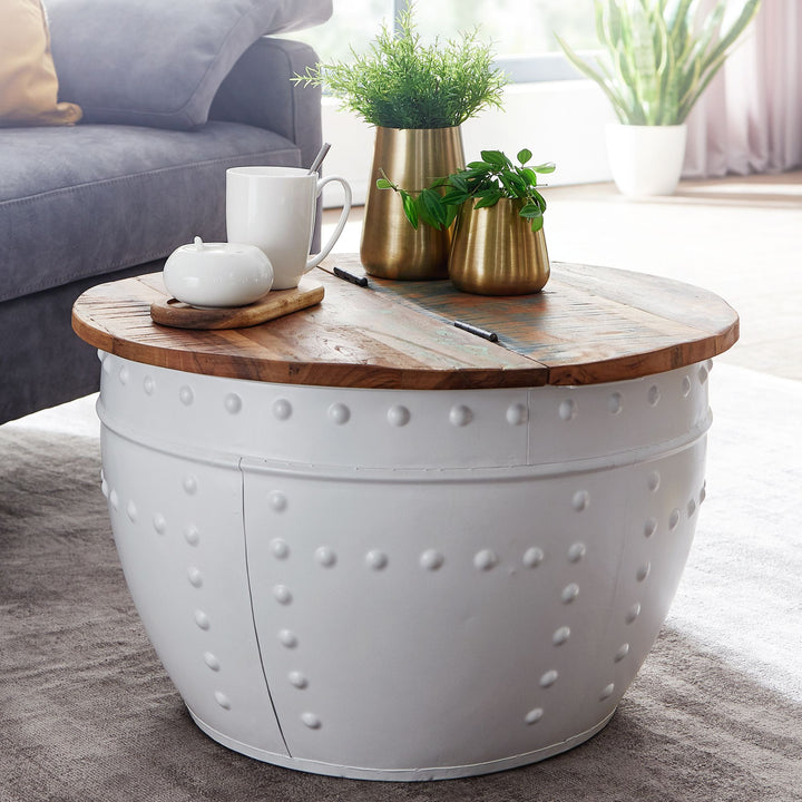 Sofabord i mangotræ, 60x36x60 cm, massivt træ og metal, hvid, industriel stil, rundt, designer stuebord med opbevaring, moderne loungebord/sofabord