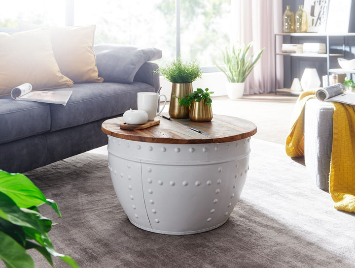 Sofabord i mangotræ, 60x36x60 cm, massivt træ og metal, hvid, industriel stil, rundt, designer stuebord med opbevaring, moderne loungebord/sofabord