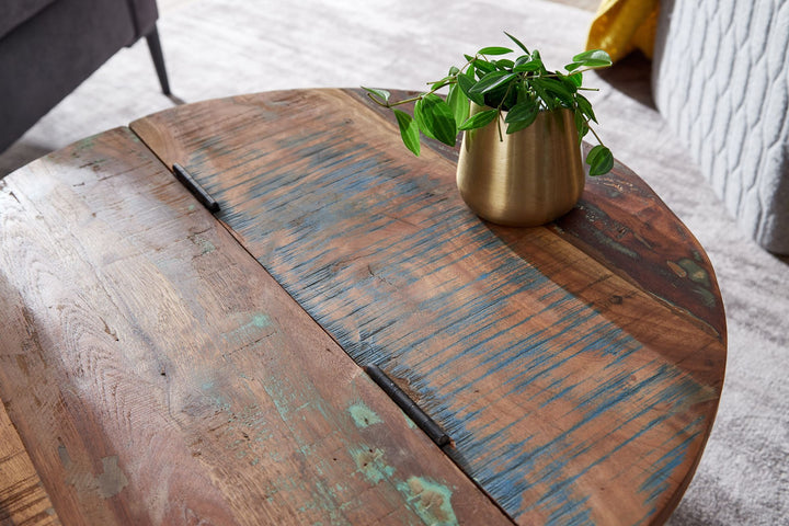 Sofabord i mangotræ, 60x36x60 cm, massivt træ og metal, hvid, industriel stil, rundt, designer stuebord med opbevaring, moderne loungebord/sofabord