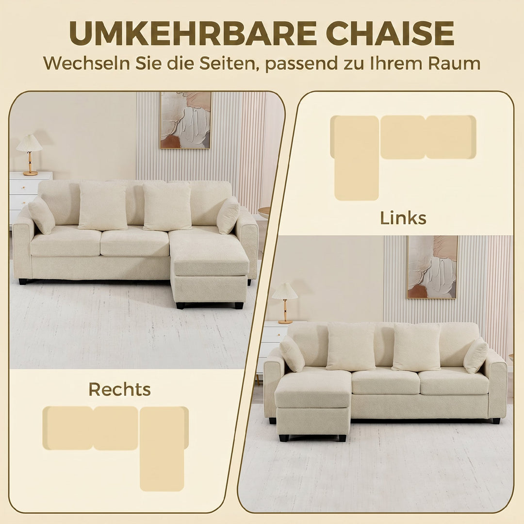 Hjørnesofa med vendbar chaiselong, 3-personers sofa med fløjlslook, bredt og dybt sæde, fjerhynder, beige