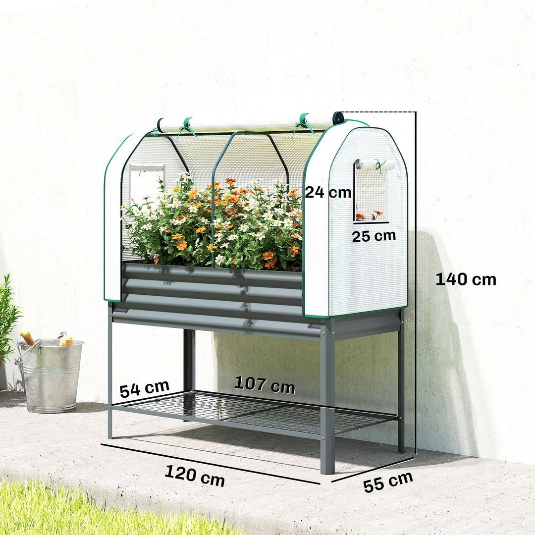 Højbed med metalramme, plantekasse med opbevaringsrum til drivhus, 120 x 55 x 140 cm