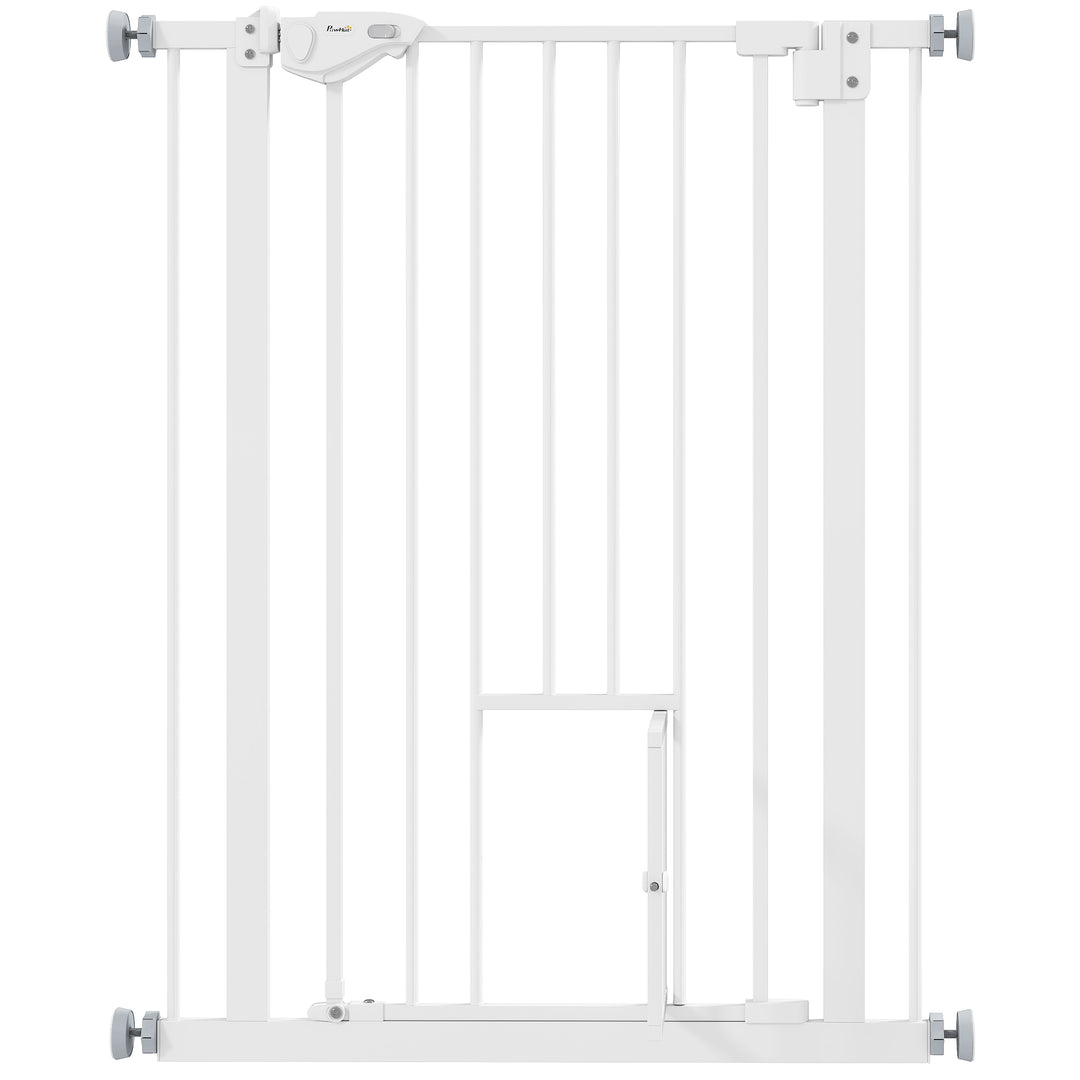 Dørgitter med kattelem, montering uden boring, variabel bredde 74-80 cm, åbning med én hånd, metal, hvid