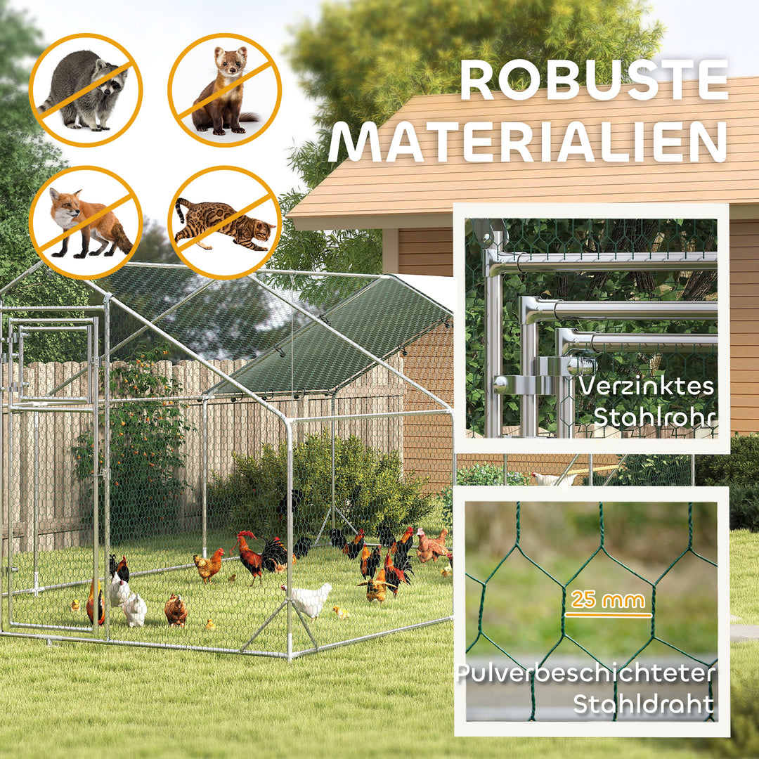 Hønsehus, fritgående indhegning til kyllinger, med uv-bestandig presenning, stålnet, automatisk foderautomat, til 18-24 kyllinger