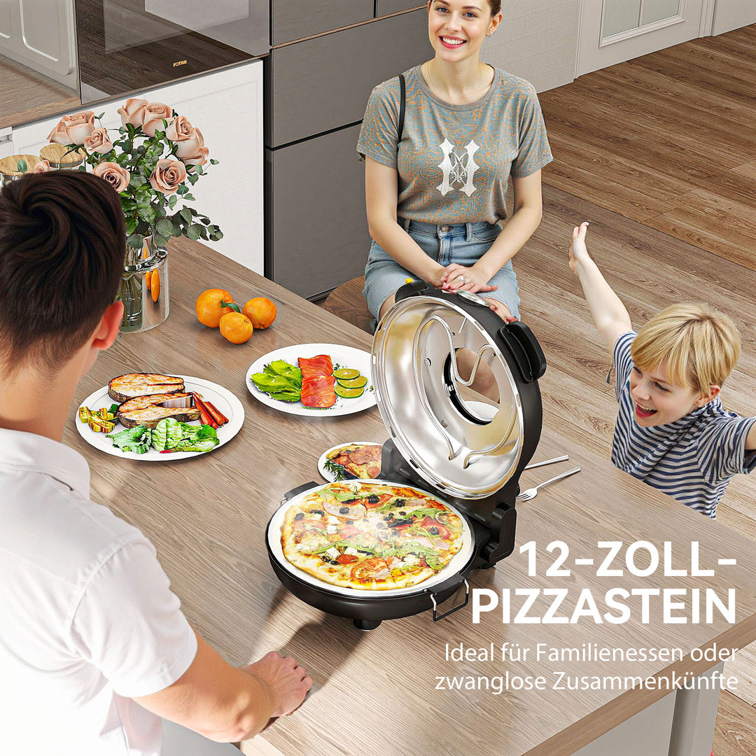 Elektrisk pizzaovn 430 °c, 1200 watt pizzabager med 30 cm stenplade, timer, vindue, rustfrit stål, sort