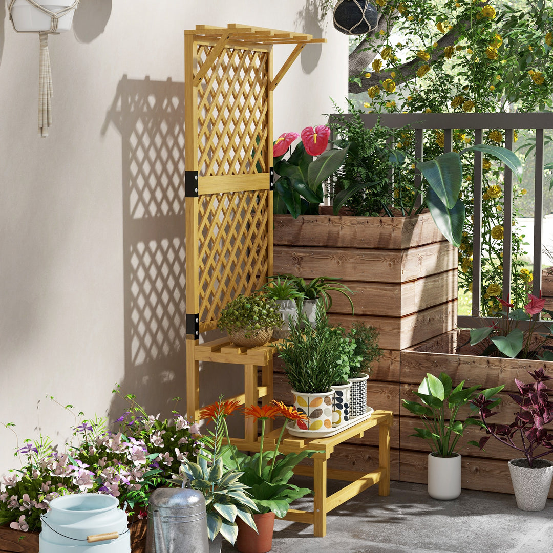 Plantestativ, blomsterhylde, 2 etager, med espalier og tag, fyrretræ, 60x50x166 cm, gul