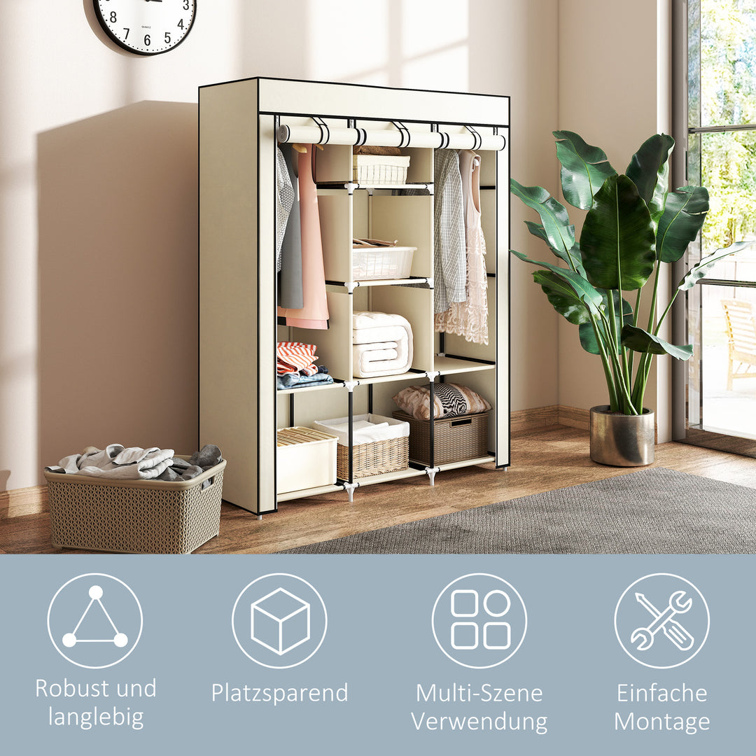 Stofgarderobe, opbevaringsløsning, 8 hylder, 2 tøjstativer, cremehvid