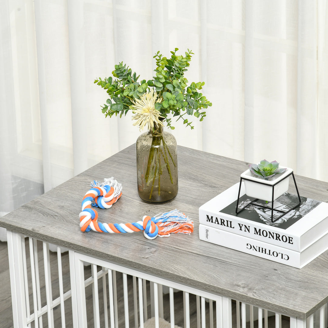 Træhundebur, transportkasse, med hynde, 86 cm x 60 cm x 70 cm, træbaseret materiale, stål, hvid + grå