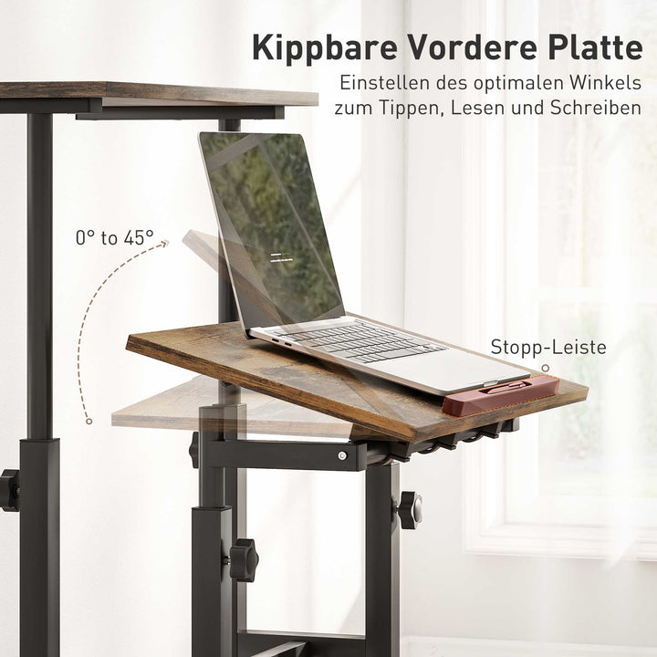Højdejusterbart skrivebord, køkkenbord med hylde, hjul, rustikt brunt computerbord, 60 x 60 x 70,5-120 cm