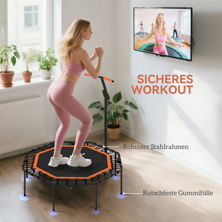 Fitnesstrampolin, træningstrampolin med justerbart håndtag, stabil og støjsvag, til indendørs brug, stål, orange