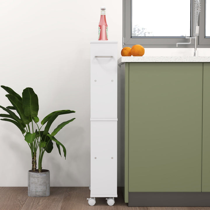 Multifunktionshylde med hjul, slankt design, 4 rum, 45 x 15 x 91 cm, hvid