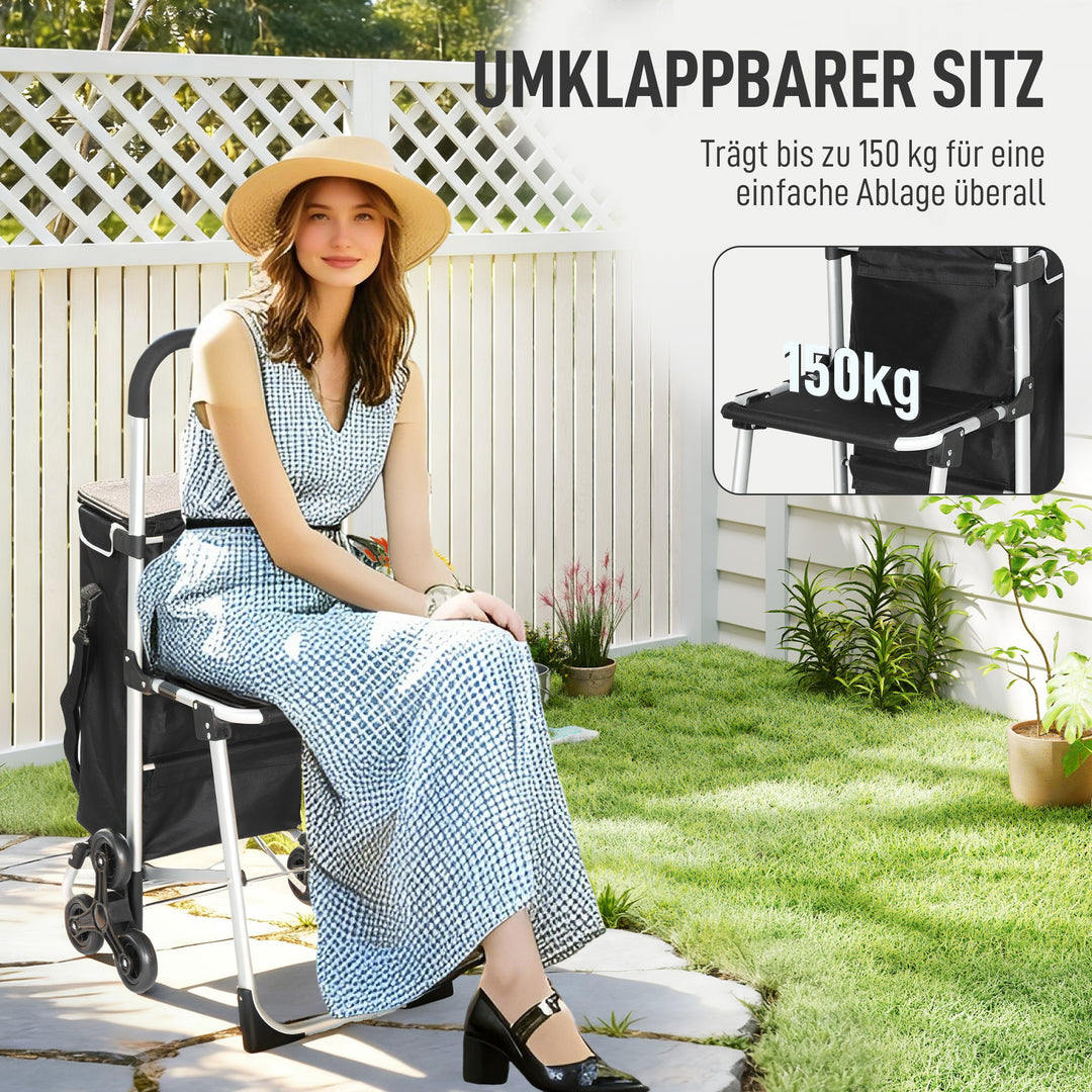 Indkøbsvogn, 40L Oxford-taske, 3-hjuls design, aluminiumsstel, sæde, grå
