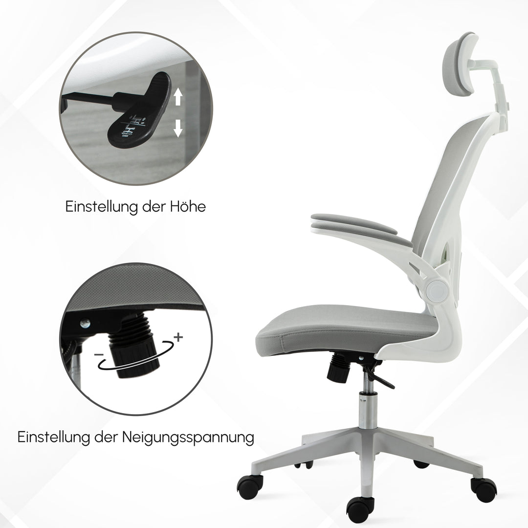 Kontorstol ergonomisk skrivebordsstol med vippefunktion høj ryg lændestøtte nakkestøtte foldbar armlæn hjemmekontor grå 65 x 64 x 114-122 cm