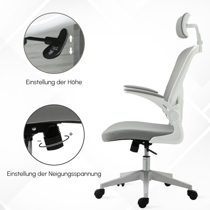 Kontorstol ergonomisk skrivebordsstol med vippefunktion høj ryg lændestøtte nakkestøtte foldbar armlæn hjemmekontor grå 65 x 64 x 114-122 cm