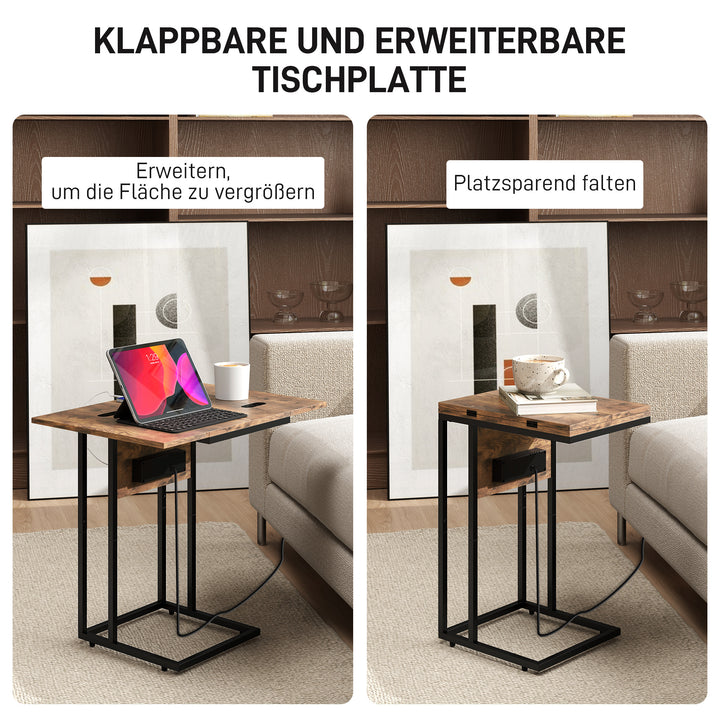 Sammenklappeligt sidebord, ladestation med USB-porte, metal, 39 x 29 x 57 cm, brun