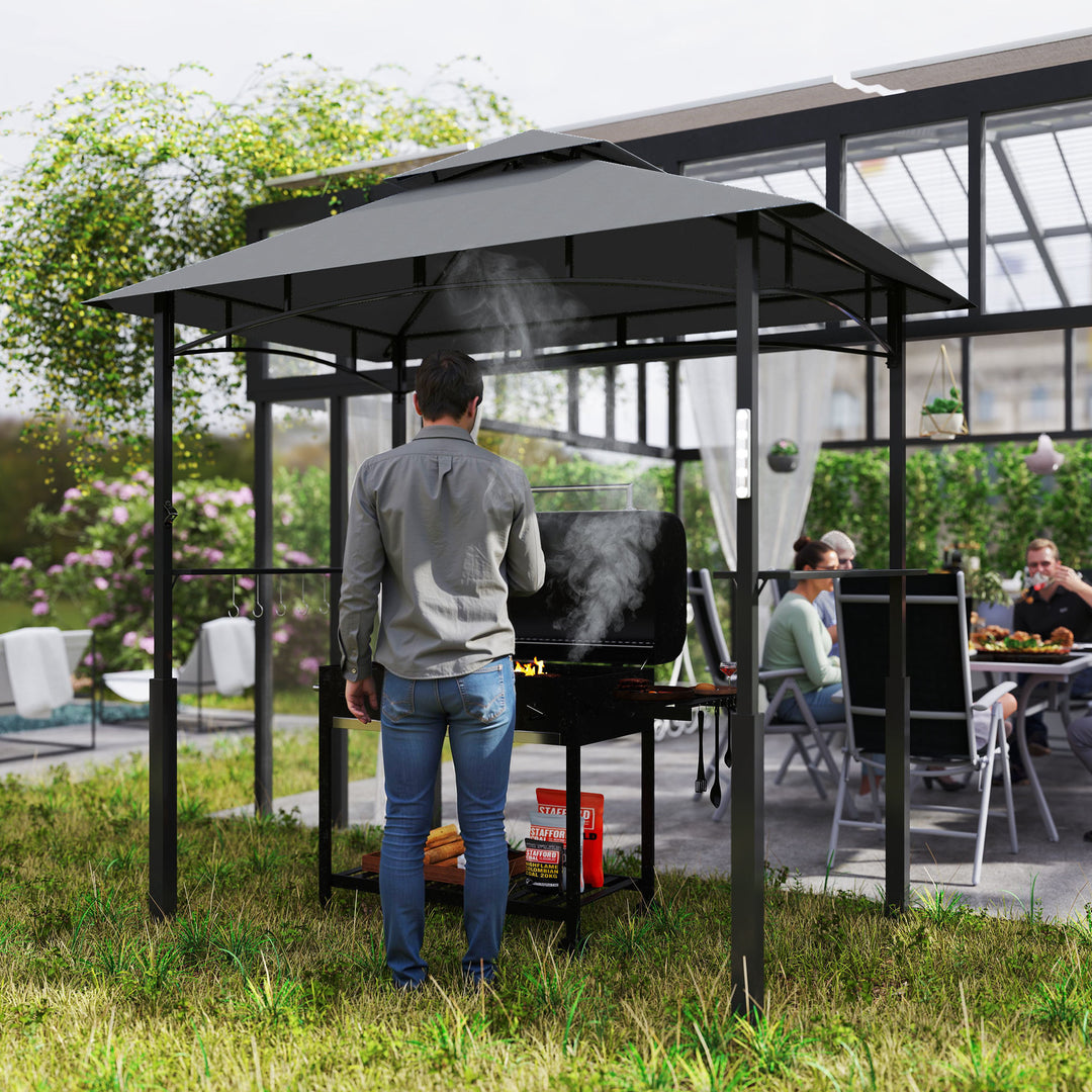Grillpavillon, havegrilltelt med krydderirækker, LED-belysning, metal, plastik, 243L x 148B x 248H cm, grå