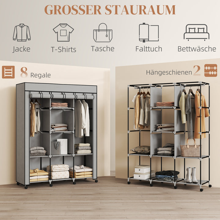 Stofgarderobe, opbevaringsløsning, 8 hylder, 2 garderobestativer, grå