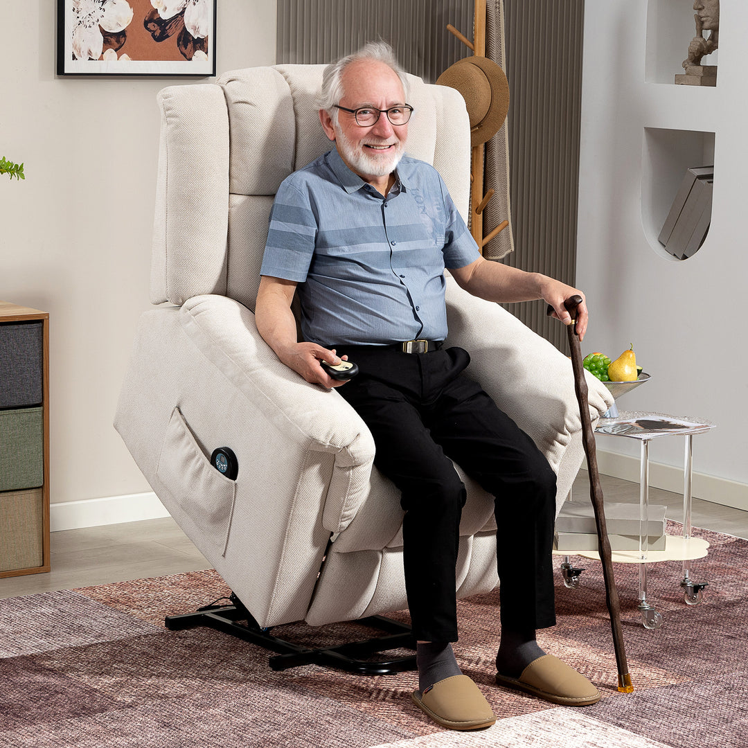 Powerlift-stol, massagestol med varmefunktion, polstret stol med fodstøtte, sidelomme, stofbetræk, beige