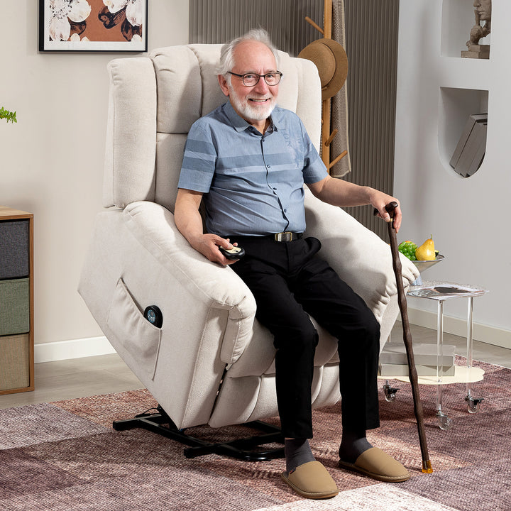 Powerlift-stol, massagestol med varmefunktion, polstret stol med fodstøtte, sidelomme, stofbetræk, beige