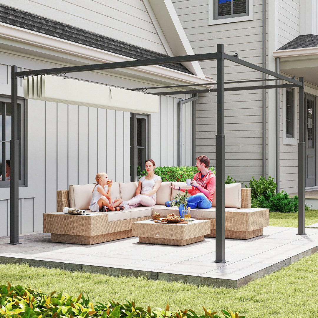 Havepergola, 3 x 3 m, udtrækkeligt tag og magnetisk pude, udendørs baldakin, havepavillon, UPF30+, metal, cremehvid