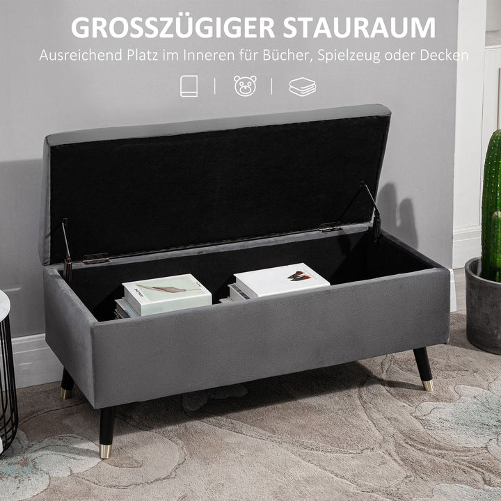 Bænk, polstret bænk med opbevaring, kommodebænk, metal, skum, gummitræ, antracitgrå, 110 x 43 x 45 cm