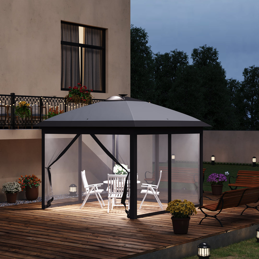 3,3 x 3,3 m foldbar pavillon med LED-belysning, netgardiner, bæretaske, grå