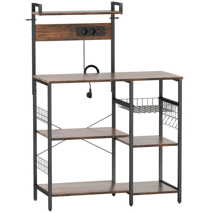 Køkkenreol, fritstående hylde med 2 stikkontakter, 5 S-kroge, 5 hylder, kurv, X-stivere, stål, 90 x 42 x 130 cm