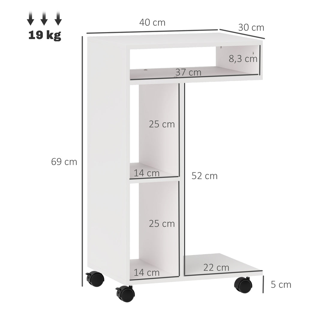 Sidebord, c-formet serveringsvogn, 4 hjul, 3 rum, 40 x 30 x 69 cm, hvid
