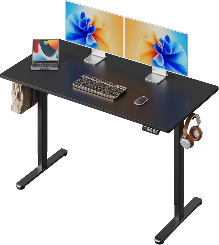DEVAISE højdejusterbart skrivebord 140×70 cm, bordplade i ét stykke, støjsvag motor med 3 højdehukommelsesindstillinger, ergonomisk hæve-sænke skrivebord til kontoret, sort