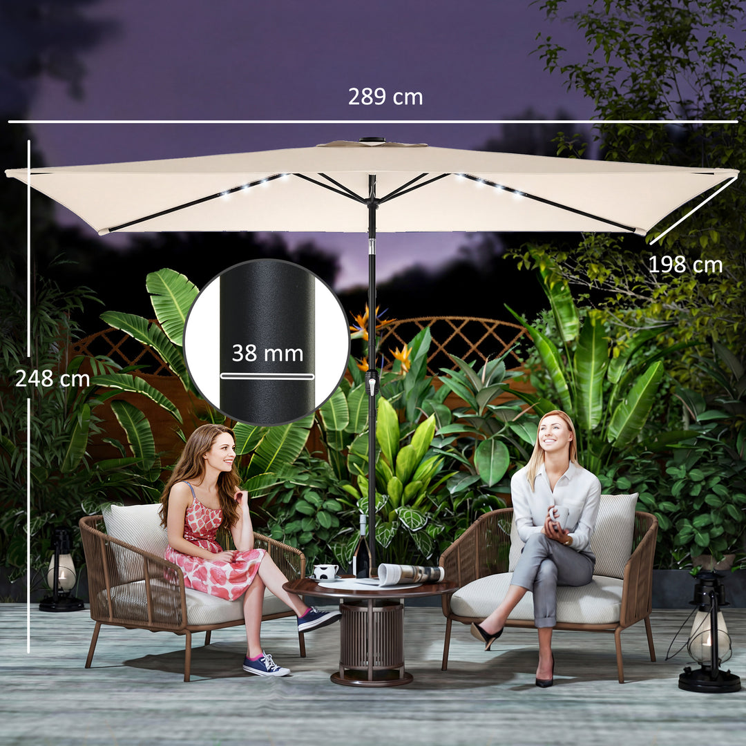 LED solcelleparasol, ca. 300 x 200 cm, vipbar balkonparasol med håndsving, beskyttelsesovertræk, UV-beskyttelse, drejelig, cremehvid
