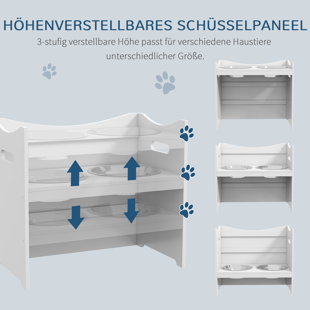 Foderstation til hunde, 2 skåle i rustfrit stål, højdejusterbar, 54x31,5x47cm, hvid