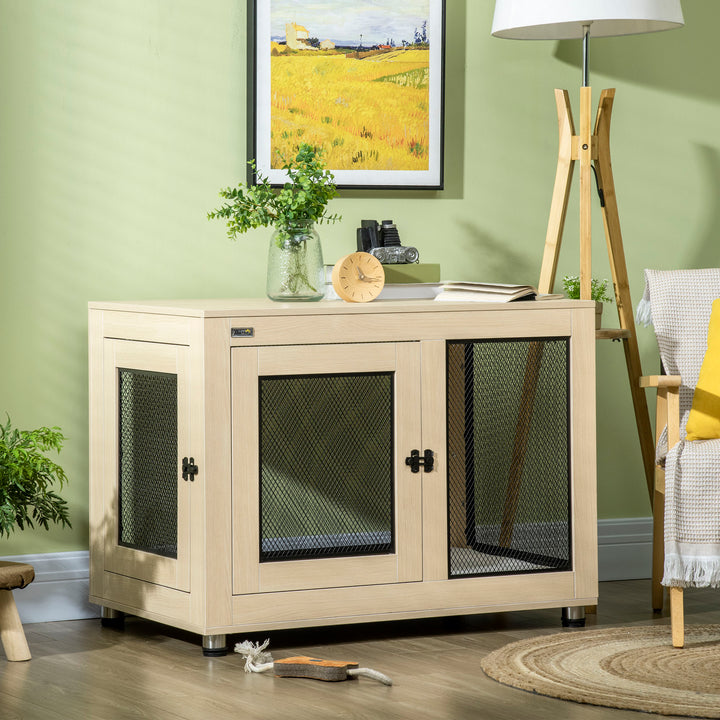 Hundebur, moderne design, aflåseligt, 2 døre, 94 cm x 60 cm x 71,5 cm, naturlig + sort